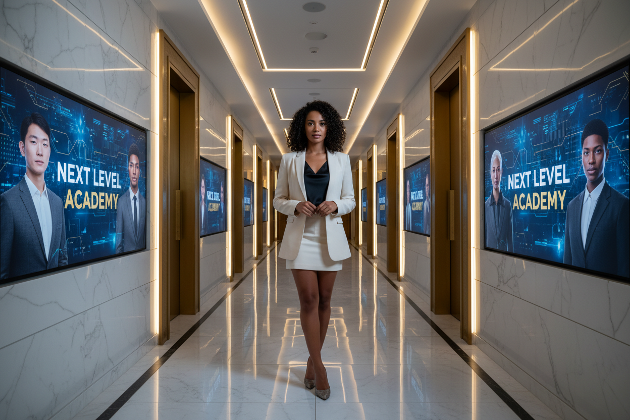 A confident 25-year-old mixed-race woman (Black & White) standing in a luxury office corridor with white walls.
She wears a mini skirt and fitted blazer, modern entrepreneur elegance.
The corridor walls feature large high-tech screens displaying “NEXT LEVEL ACADEMY” and realistic human AI avatars of diverse races and genders (men and women).
Clean white luxury mixed with advanced technology, subtle gold accents, cinematic lighting.
Ultra-realistic, premium digital academy branding, no watermark.